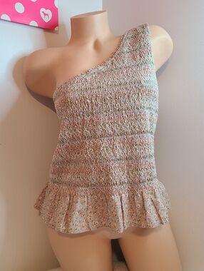 American Eagle Linen Blend Smocked One Shoulder Peplum Top Size XL
